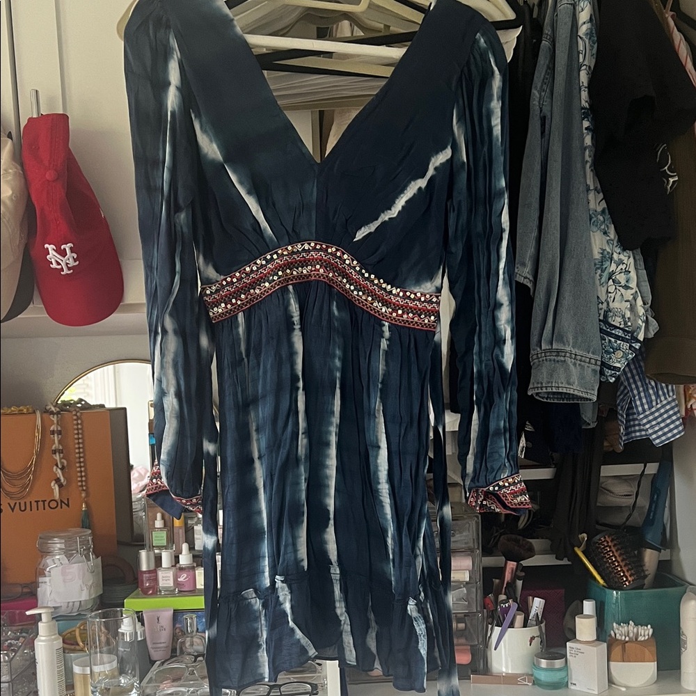 Anthropologie Navy Tie-Dye Dress with Embellished Waist